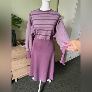 Vintage Pastel Purple Modest Knit Stripe Sweater Matching A-Line Midi Skirt Set